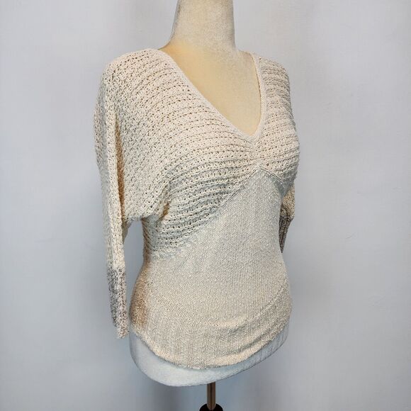 Sparrow Sweater Size M V-Neck Dolman Sleeve Open Knit Cream Beach Anthropologie - Picture 2 of 14